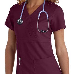 Women's Mock Wrap Solid Scrub Top Wine (XXS)